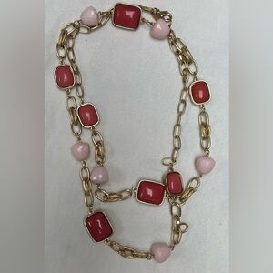 NY Gold Tone Oval Link Coral Colored Cabochons and Pink Faceted Bell Charms